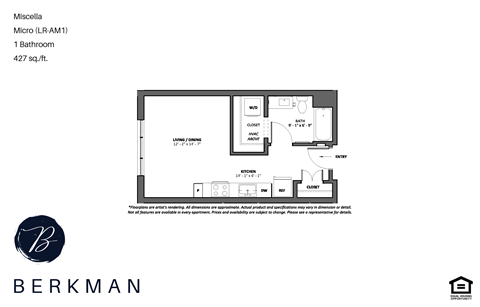 Floor plan for studio, 1 bath, 427 sqft